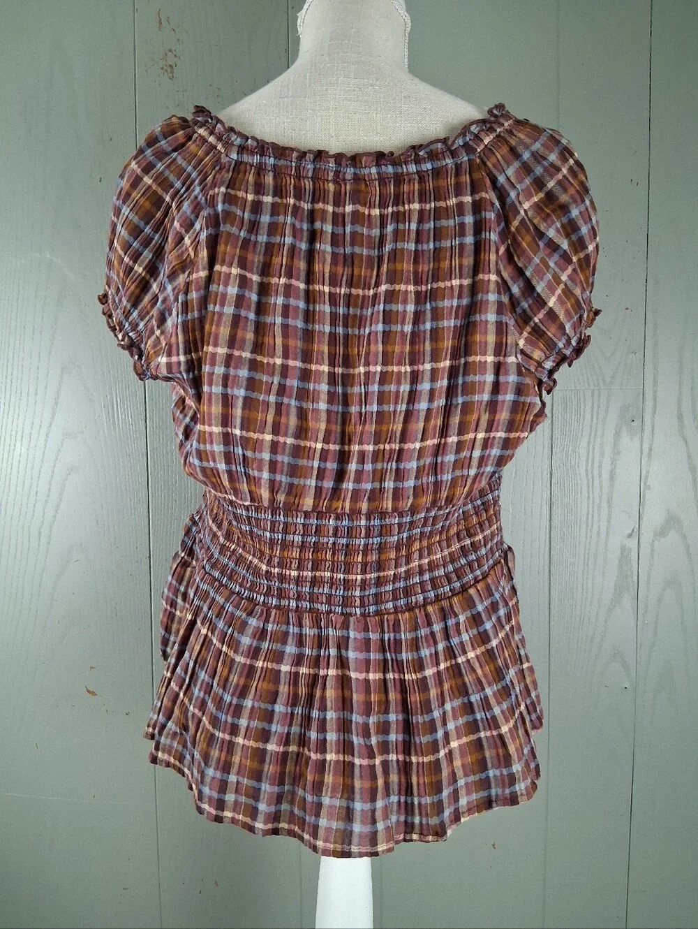 Off Shoulder Cottagecore Shirred Blouse L Brown Plaid Milk Maid Stretch Country